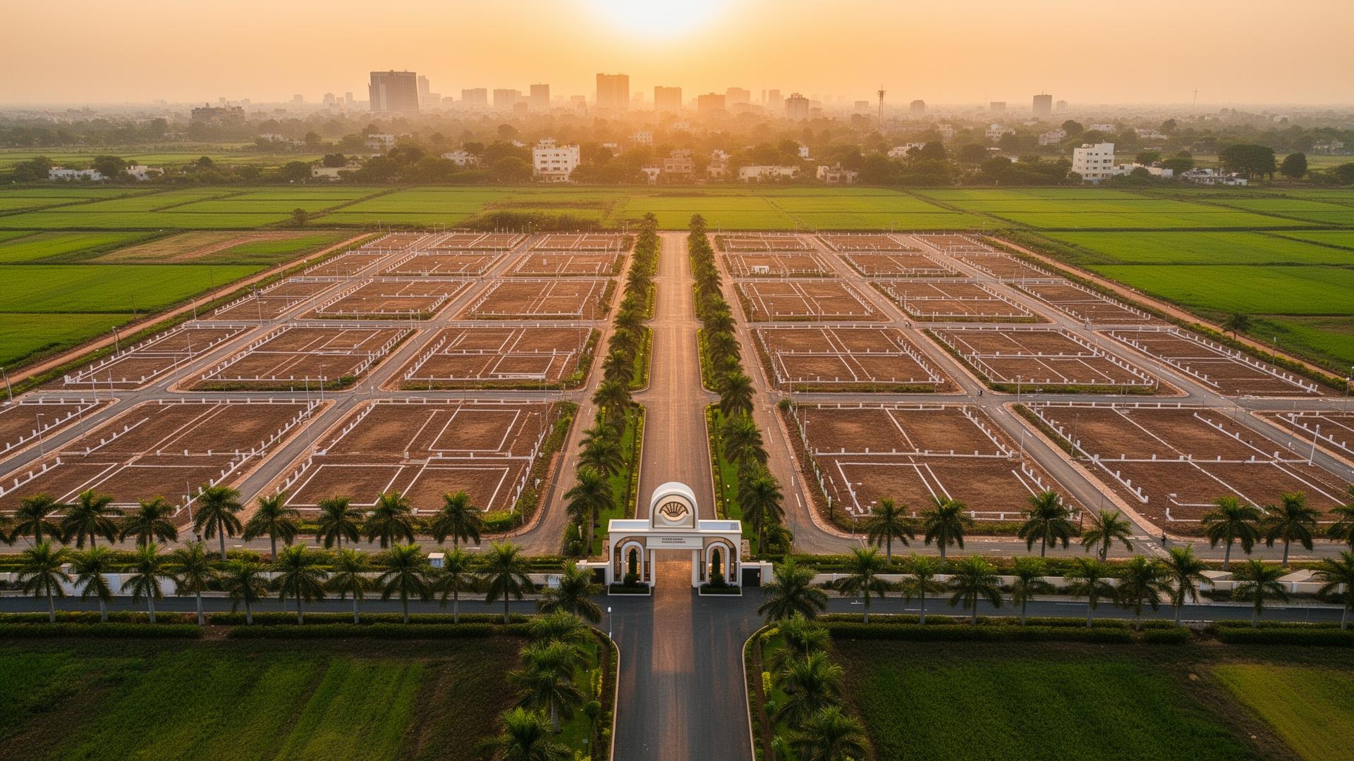 Aerial view of an ECCS plotted land development at golden hour